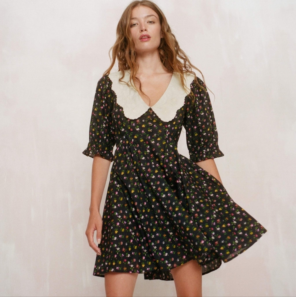 Christy Dawn Black Mini Dress with Cream Collar and Multicolor Floral Print